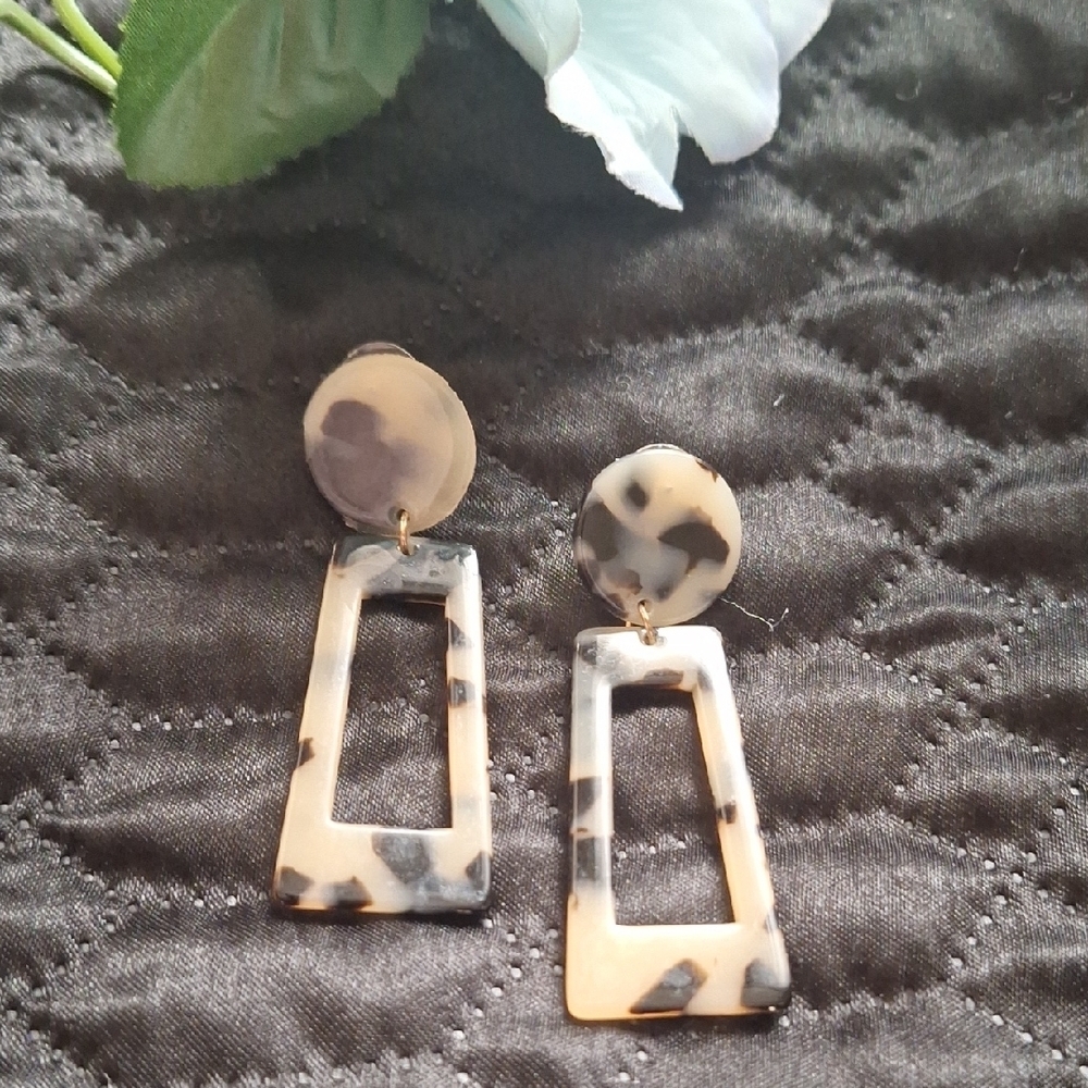 Retro, Light Tortoise Shell, Geometric, Rectangular, Resin, Drop Earrings